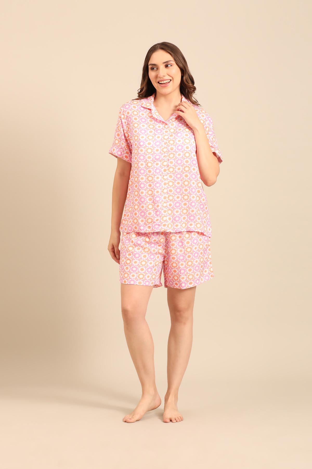 Irene Pink Floral Viscose Women's Shorts Set - Half Sleeves
