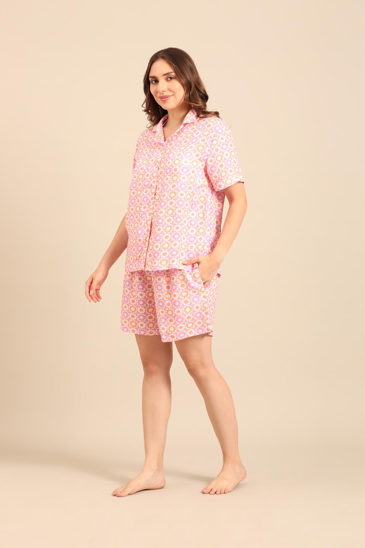Irene Pink Floral Viscose Women's Shorts Set - Half Sleeves
