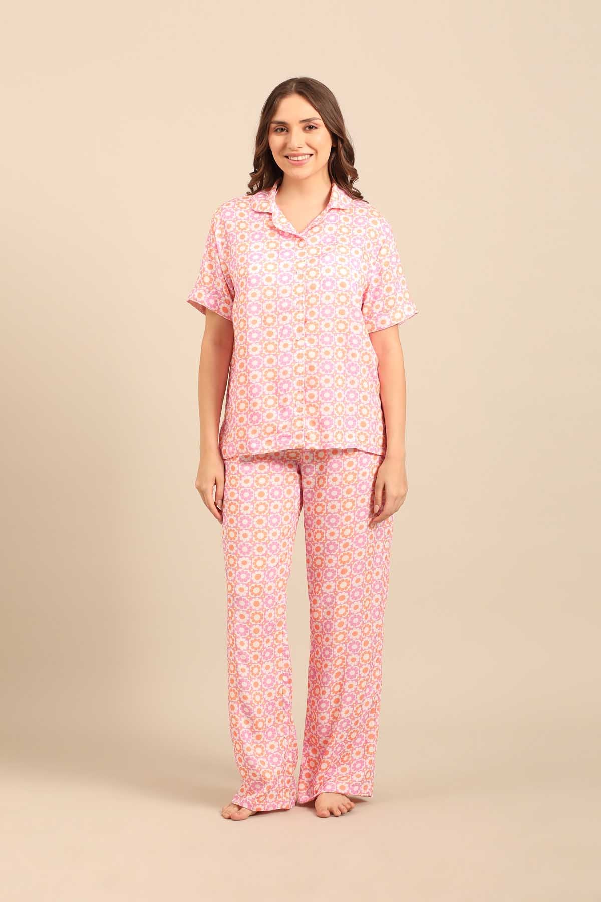 Irene Pink Floral Viscose Women's Pajama Set - Half Sleeves