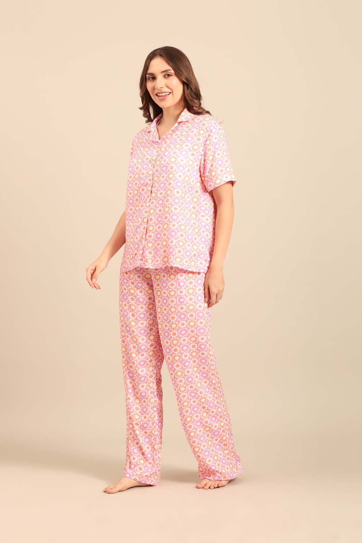 Irene Pink Floral Viscose Women's Pajama Set - Half Sleeves