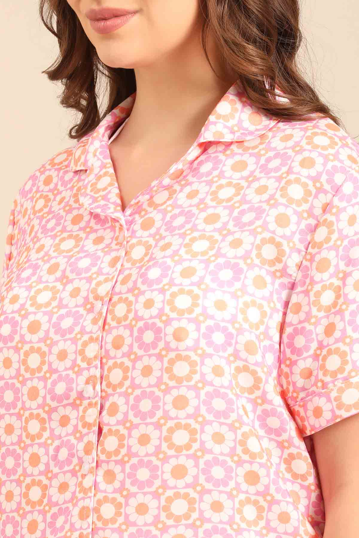 Irene Pink Floral Viscose Women's Pajama Set - Half Sleeves