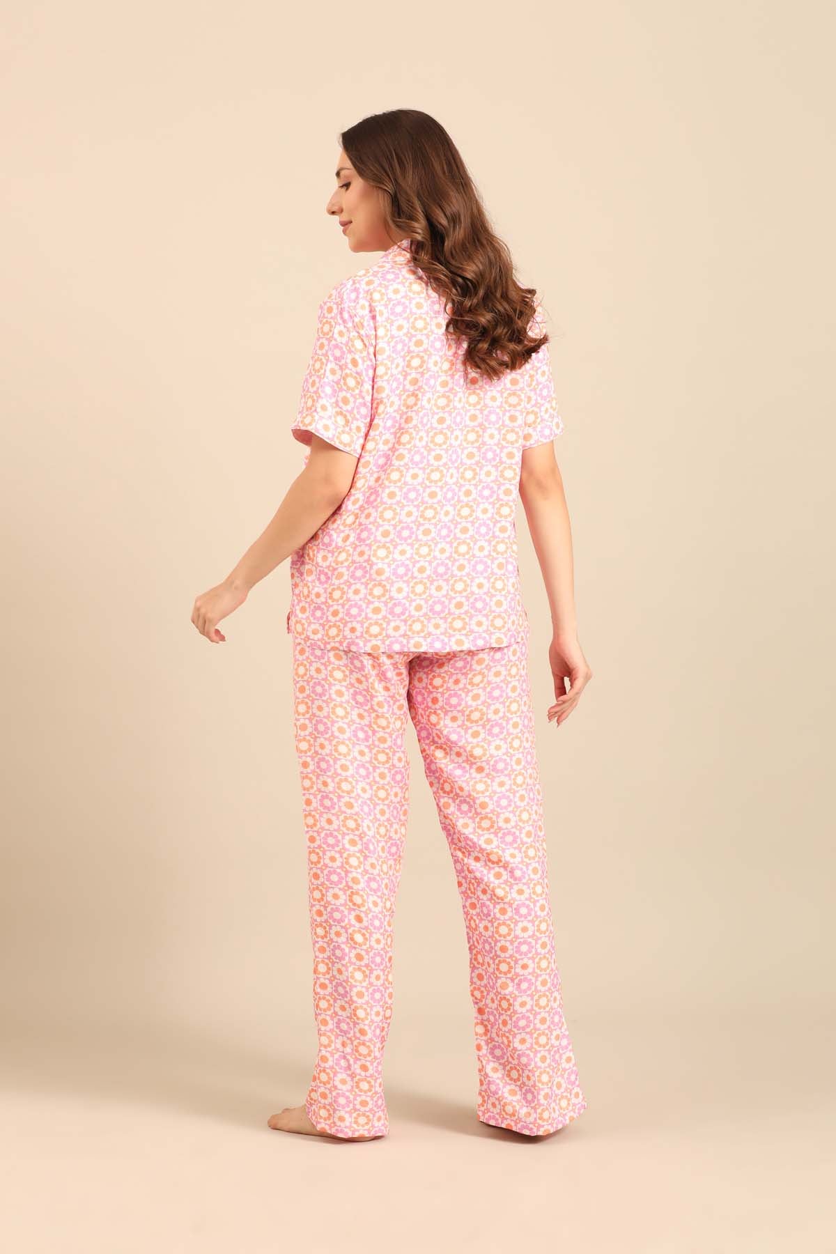 Irene Pink Floral Viscose Women's Pajama Set - Half Sleeves