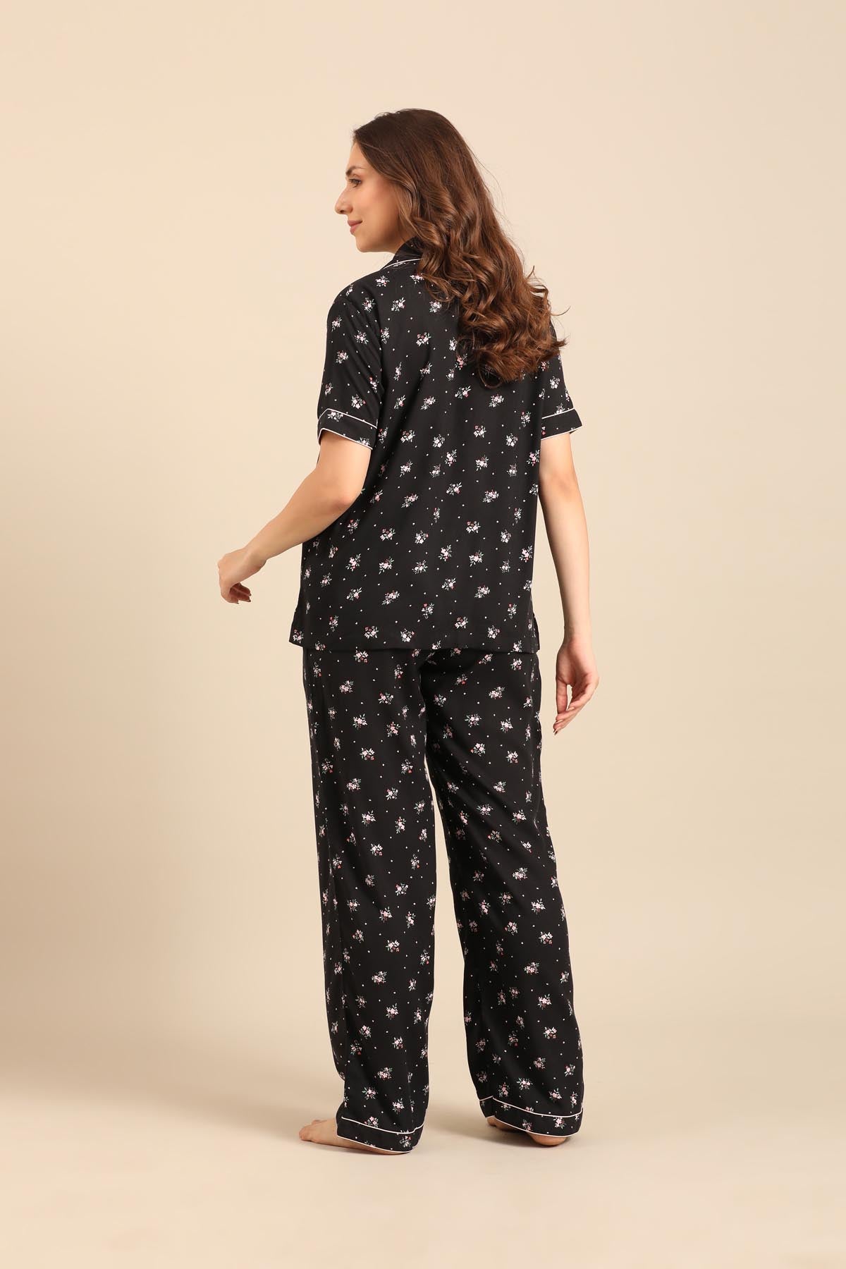 Kate Black Floral Viscose Women's Pajama Set - Half Sleeves