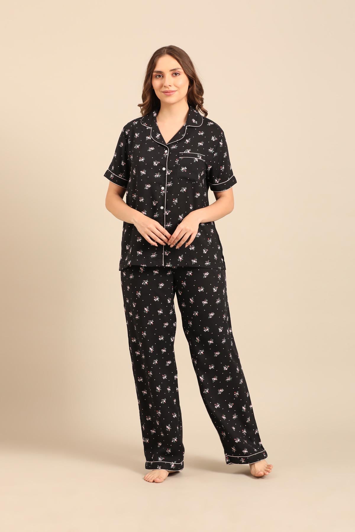 Kate Black Floral Viscose Women's Pajama Set - Half Sleeves