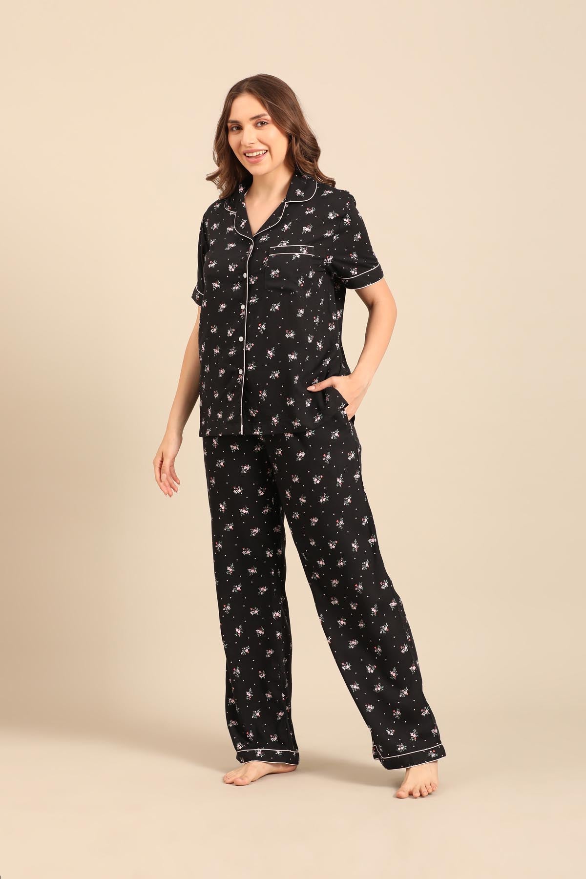 Kate Black Floral Viscose Women's Pajama Set - Half Sleeves