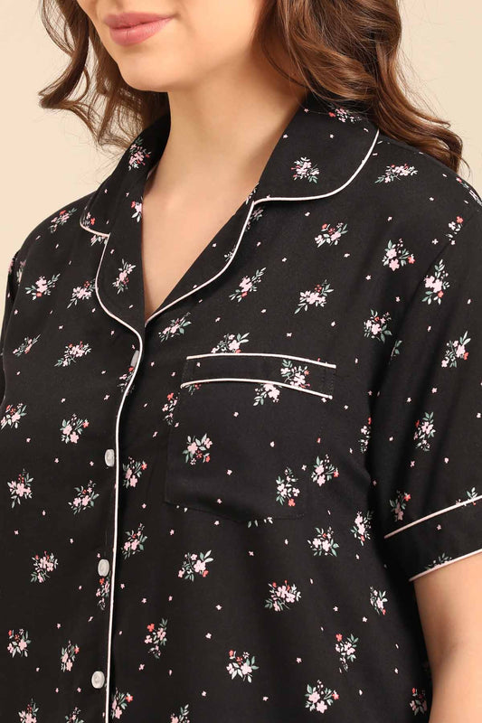 Kate Black Floral Viscose Women's Pajama Set - Half Sleeves