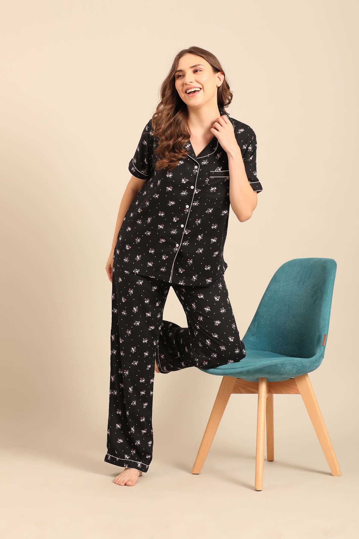Kate Black Floral Viscose Women's Pajama Set - Half Sleeves