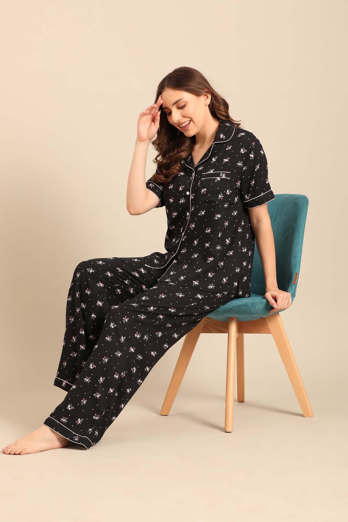 Kate Black Floral Viscose Women's Pajama Set - Half Sleeves