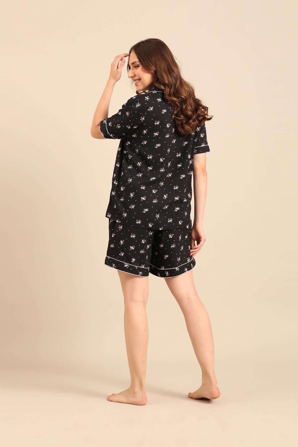 Kate Black Floral Viscose Women's Shorts Set - Half Sleeves