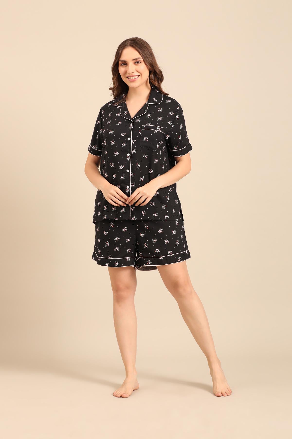 Kate Black Floral Viscose Women's Shorts Set - Half Sleeves