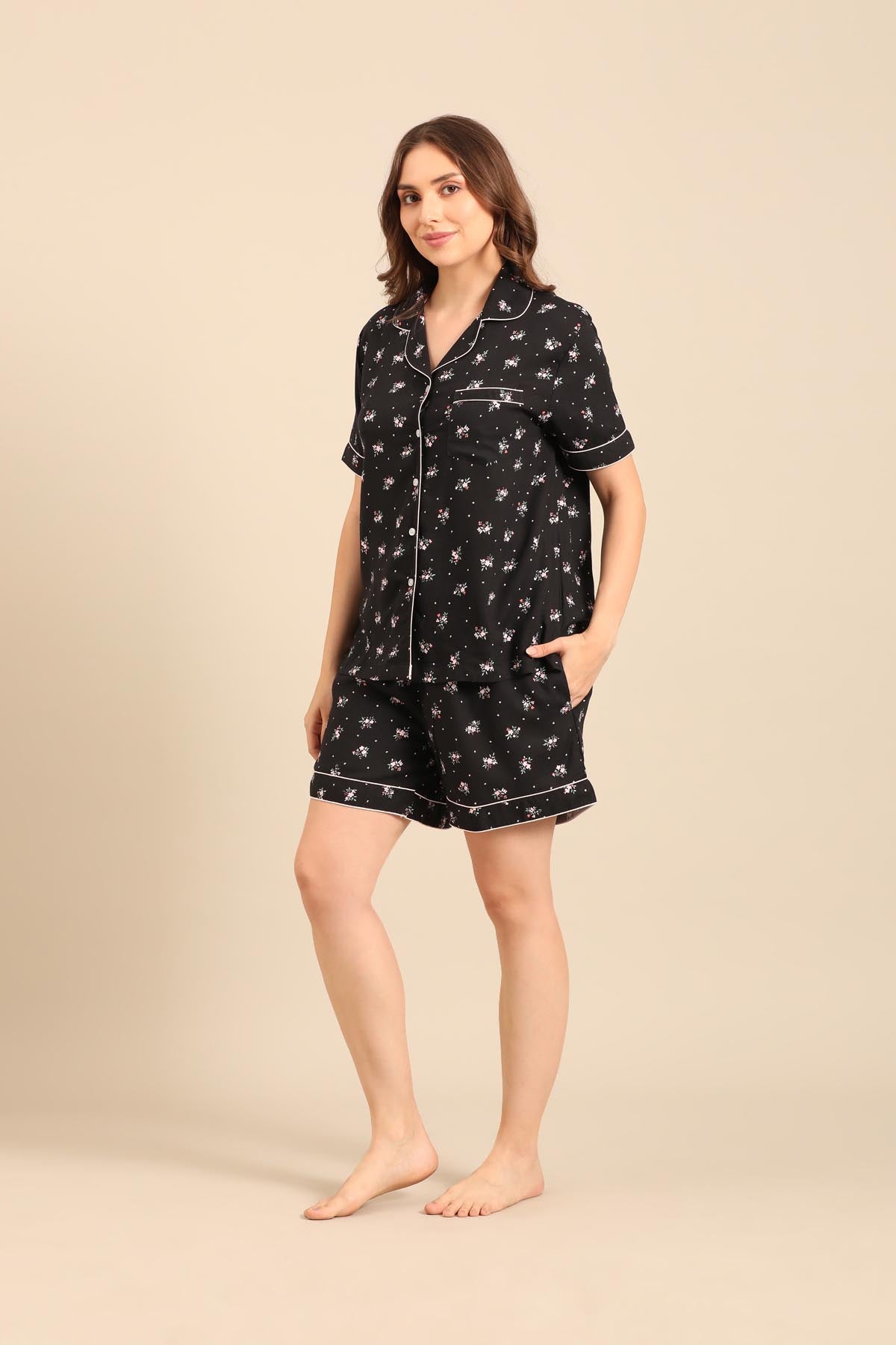Kate Black Floral Viscose Women's Shorts Set - Half Sleeves