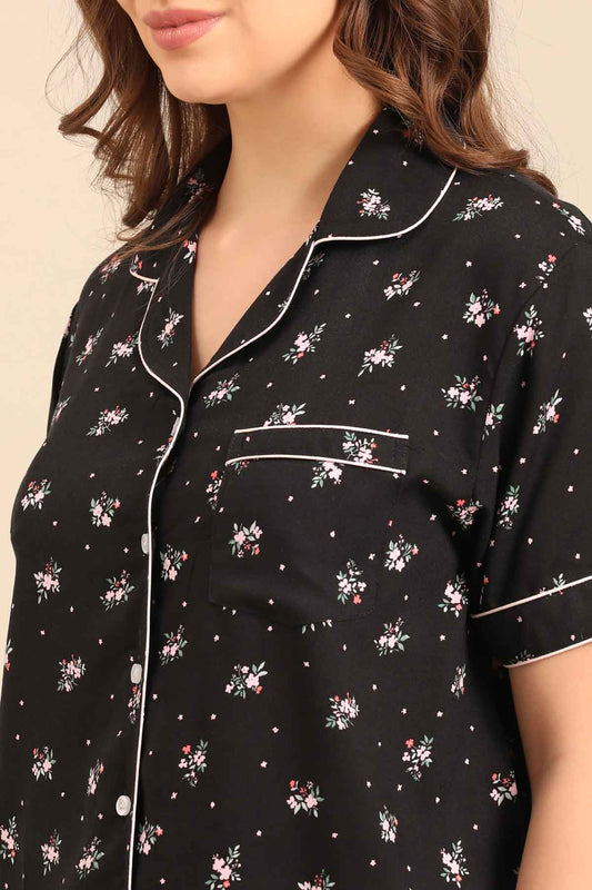 Kate Black Floral Viscose Women's Shorts Set - Half Sleeves