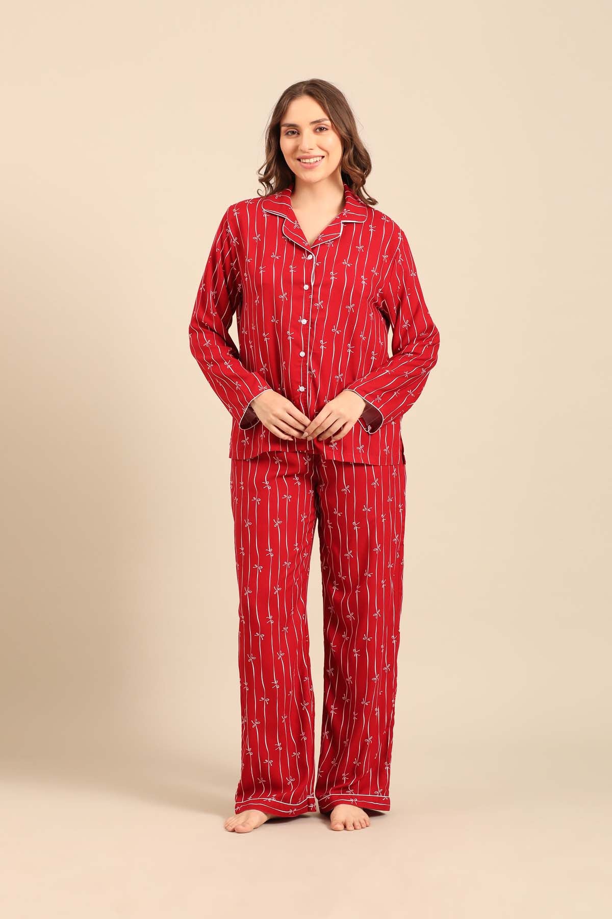 Scarlet Bows Viscose Women's Pajama Set - Full Sleeves