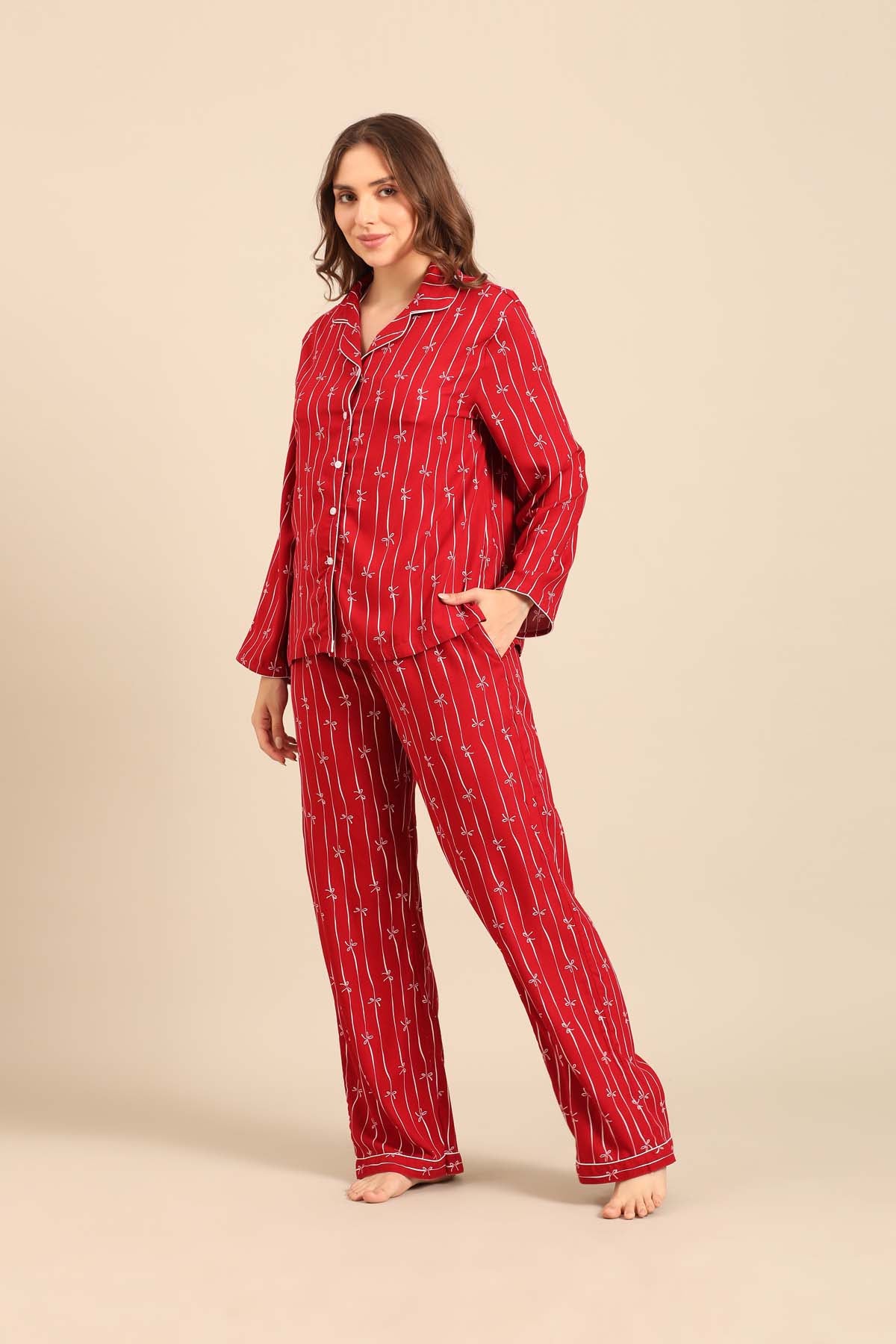 Scarlet Bows Viscose Women's Pajama Set - Full Sleeves