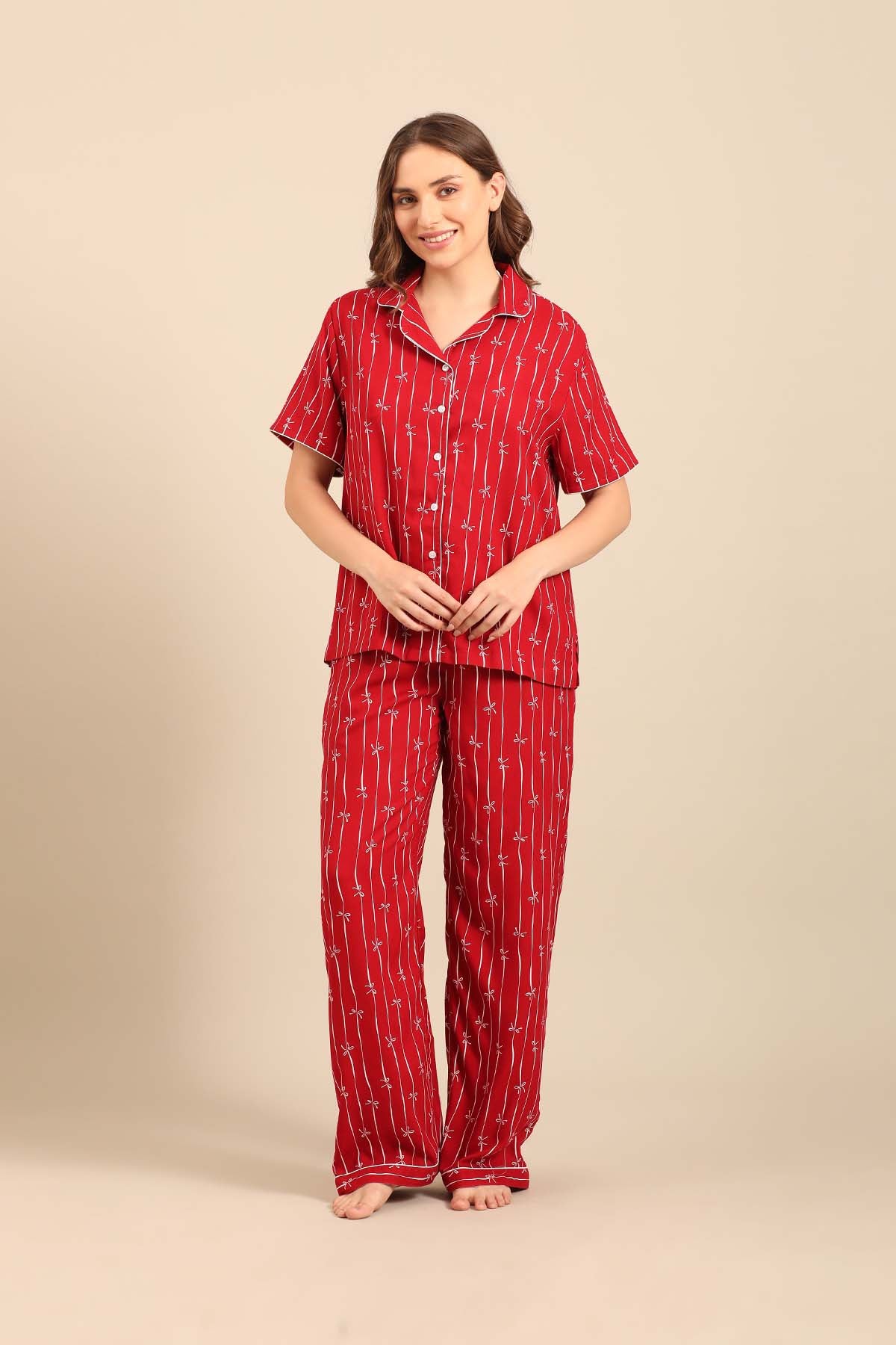 Scarlet Bows Viscose Women's Pajama Set - Half Sleeves