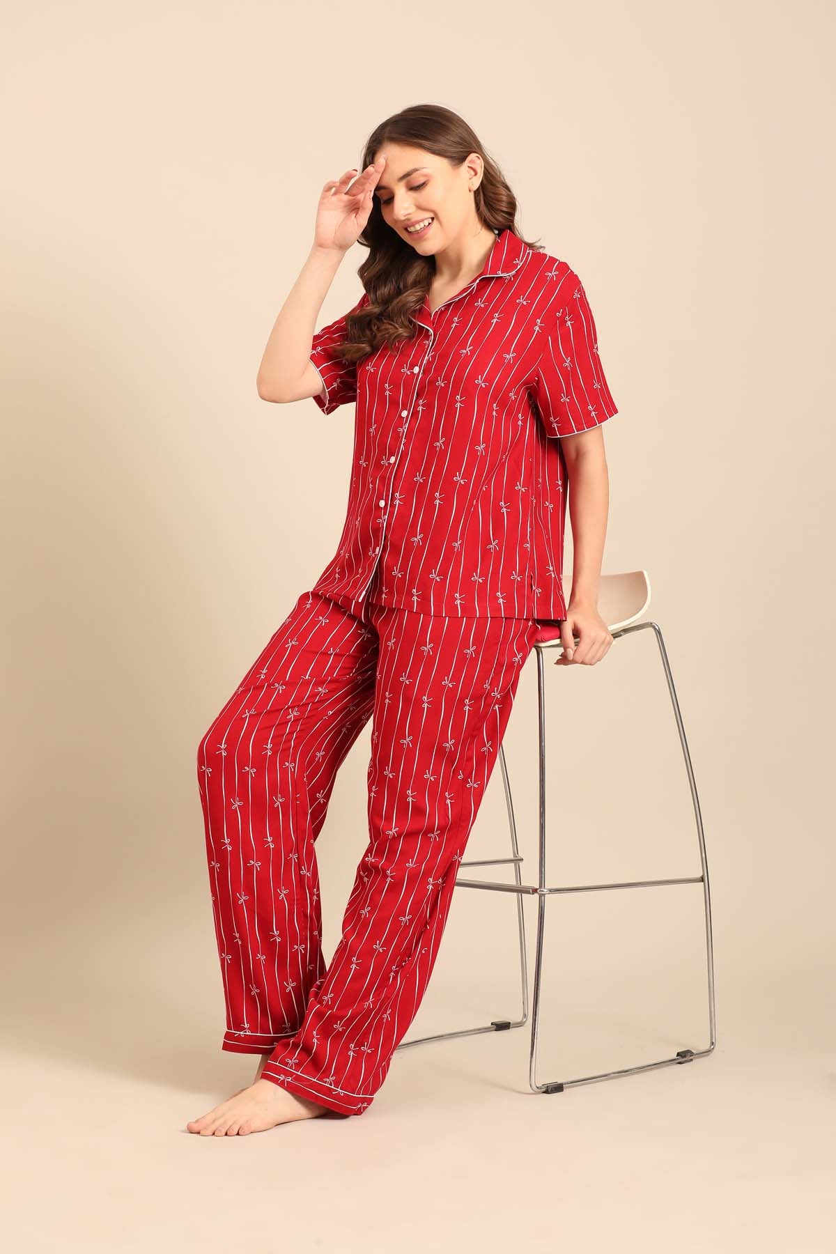 Scarlet Bows Viscose Women's Pajama Set - Half Sleeves