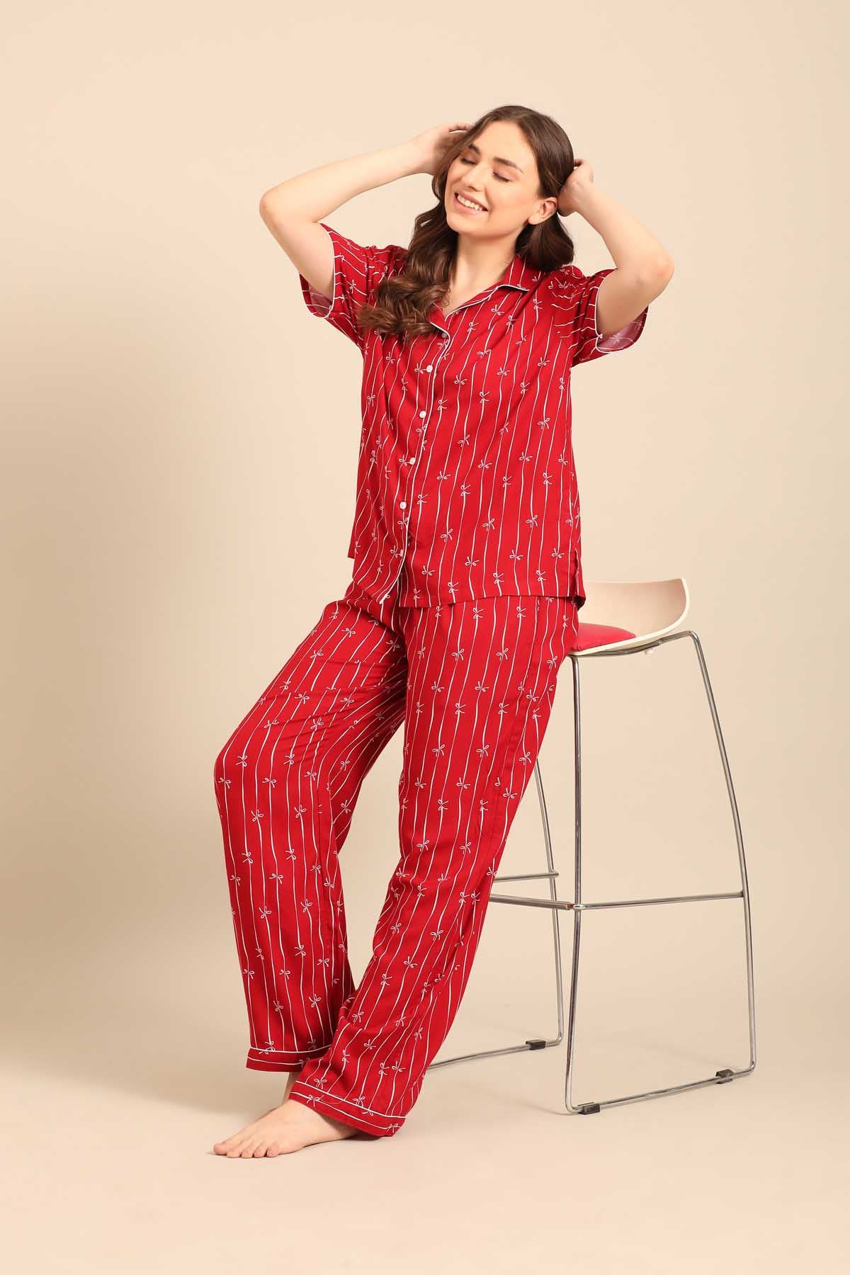 Scarlet Bows Viscose Women's Pajama Set - Half Sleeves