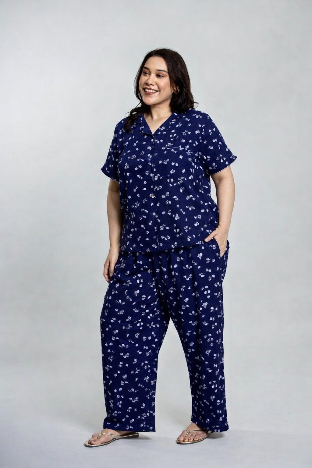 Navy Daphne Ditsy Printed Viscose Women's Curve Pajama Set- Half Sleeves
