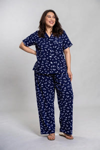 Navy Daphne Ditsy Printed Viscose Women's Curve Pajama Set- Half Sleeves