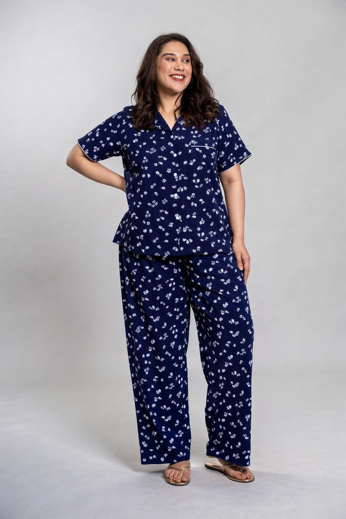 Daphne Ditsy Printed Cotton Blend Women's Curve Pajama Set- Half Sleeves