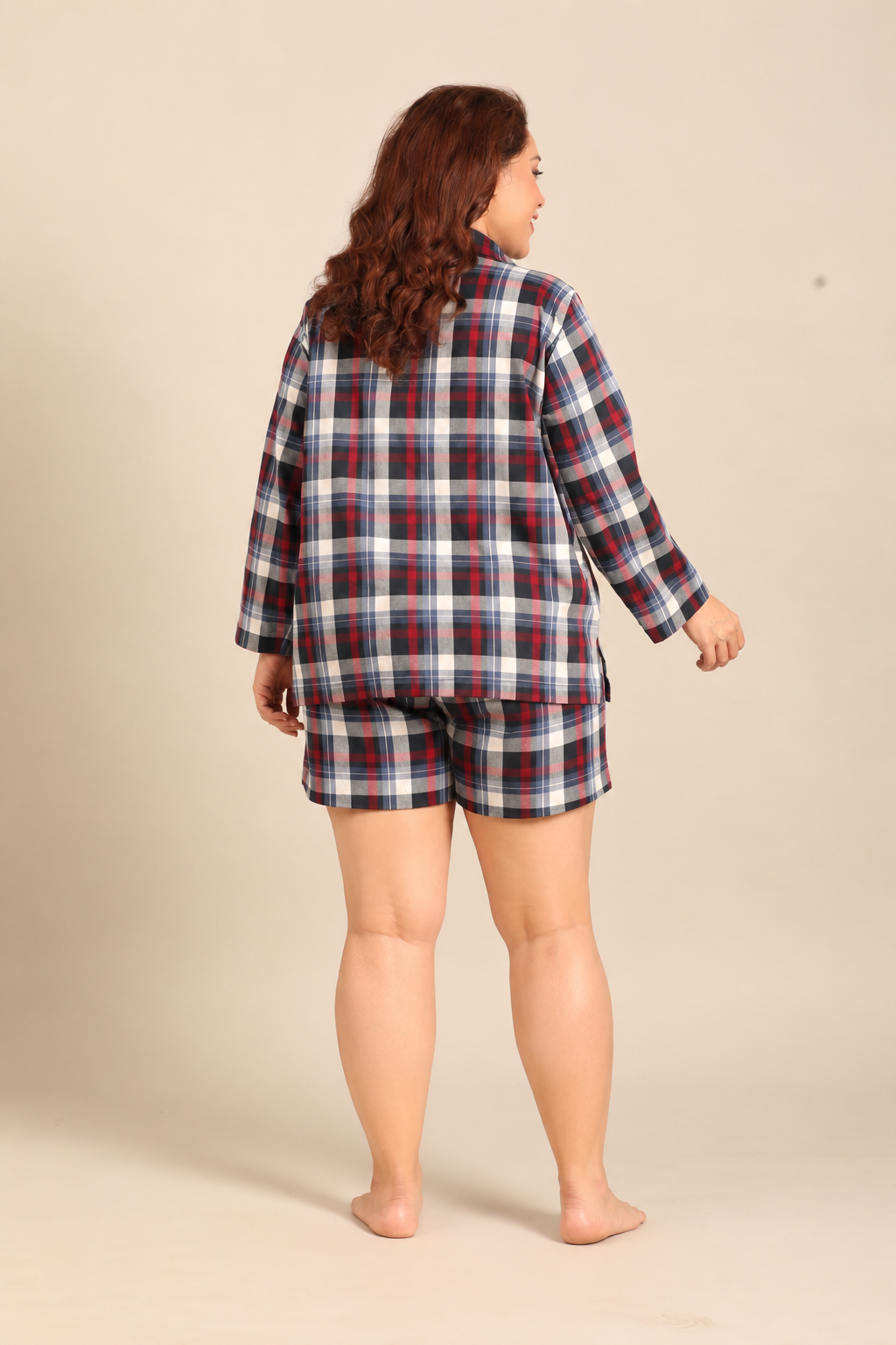 Leah Check Cotton Blend Women's Curve Shorts Set - Full Sleeves