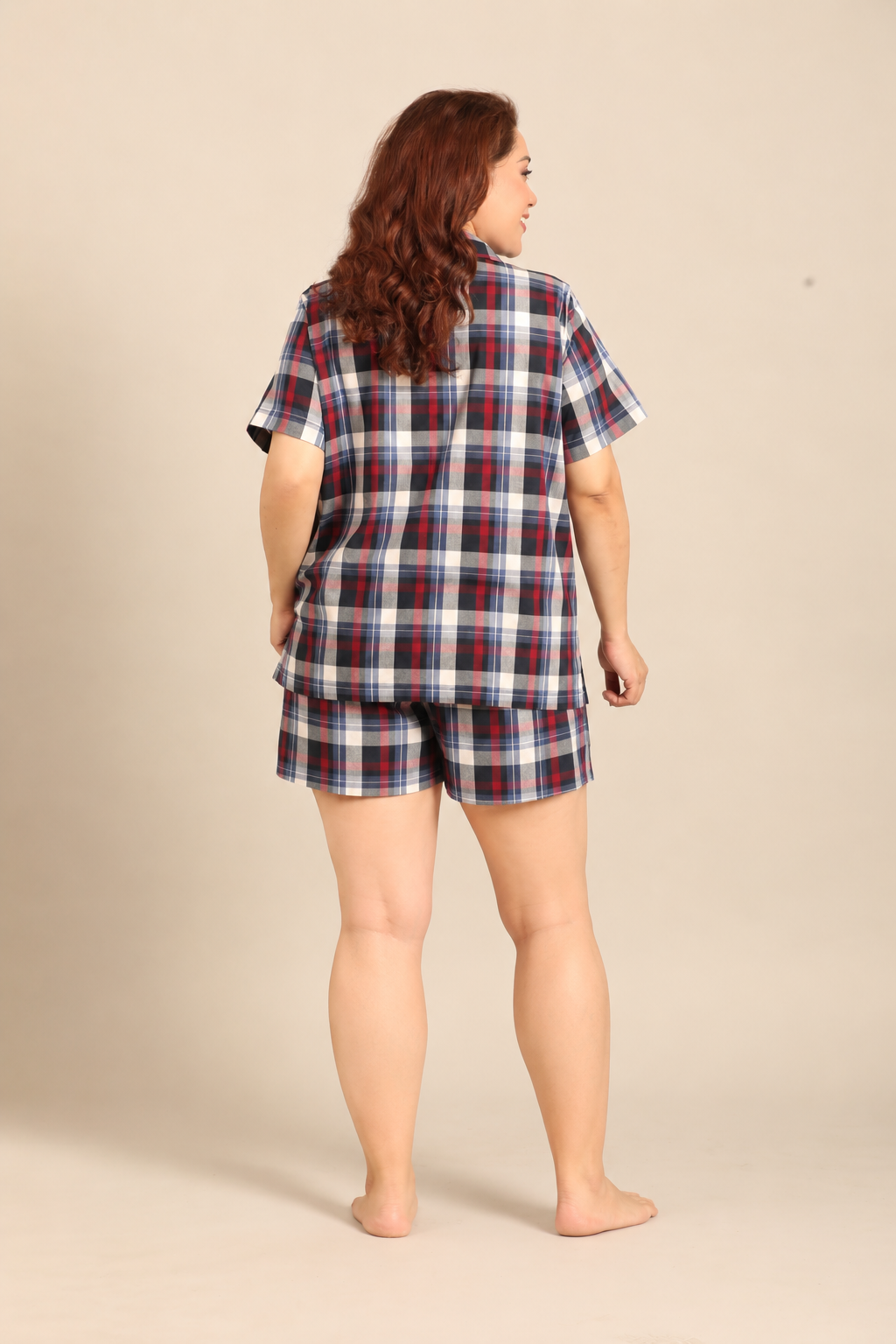 Leah Check Cotton Blend Women's Curve Shorts Set - Half Sleeves