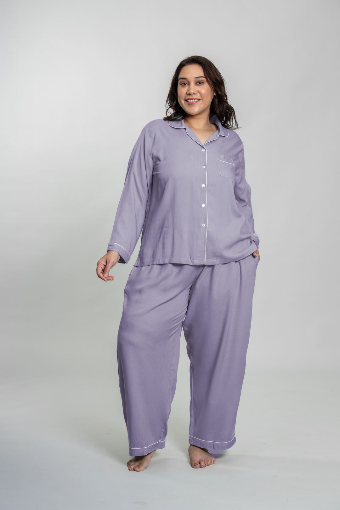 Emily Lilac Soft Cotton Women's Curve Pajama Set - Full Sleeves