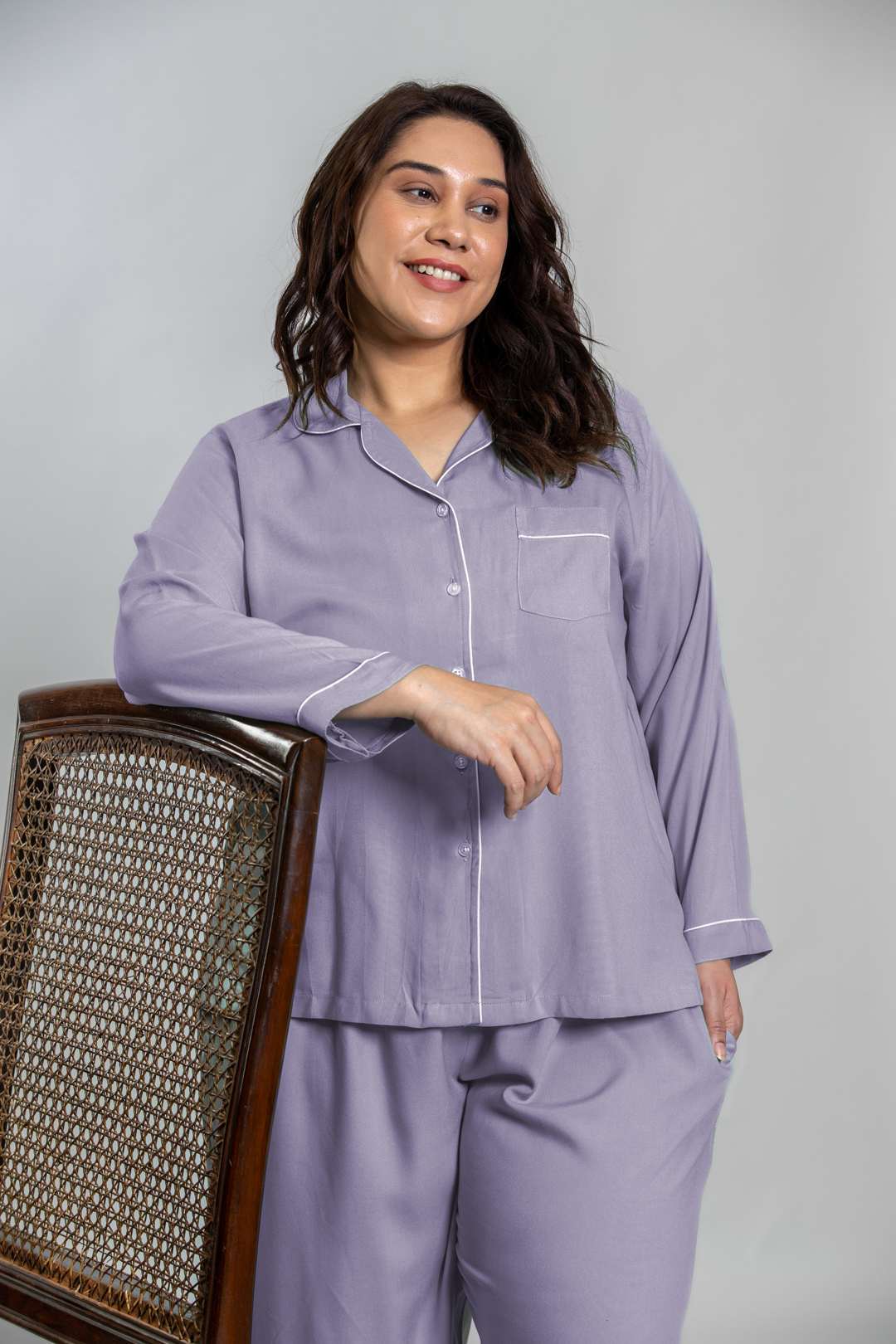 Emily Lilac Soft Cotton Women's Curve Pajama Set - Full Sleeves