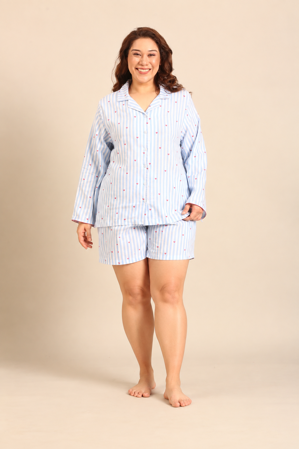 Lola Heart Cotton Twill Women's Curve Shorts Set - Full Sleeves