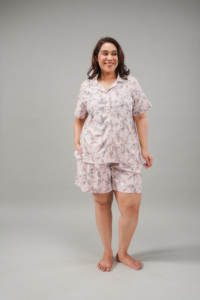 Anna Floral Cotton Blend Women's Curve Shorts Set - Half Sleeves