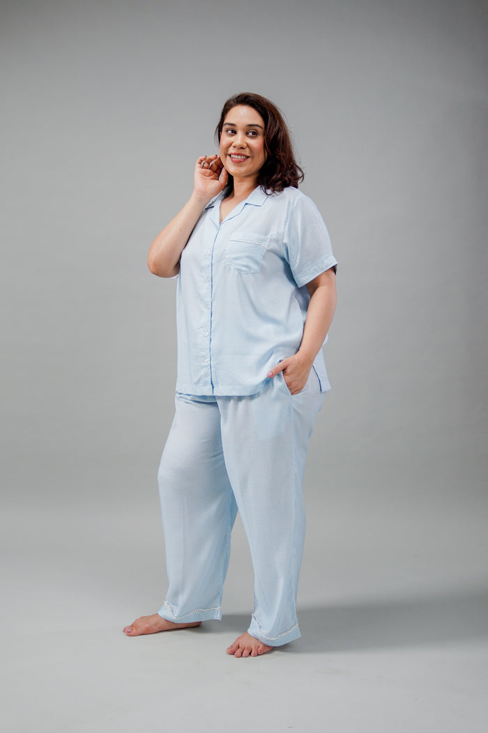 Seaside Blue Cotton Women's Curve Pajama Set