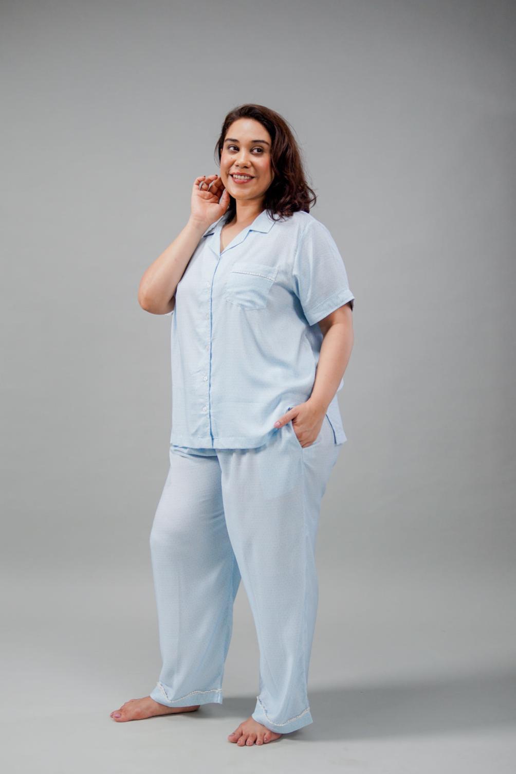 Seaside Blue Cotton Women's Curve Pajama Set
