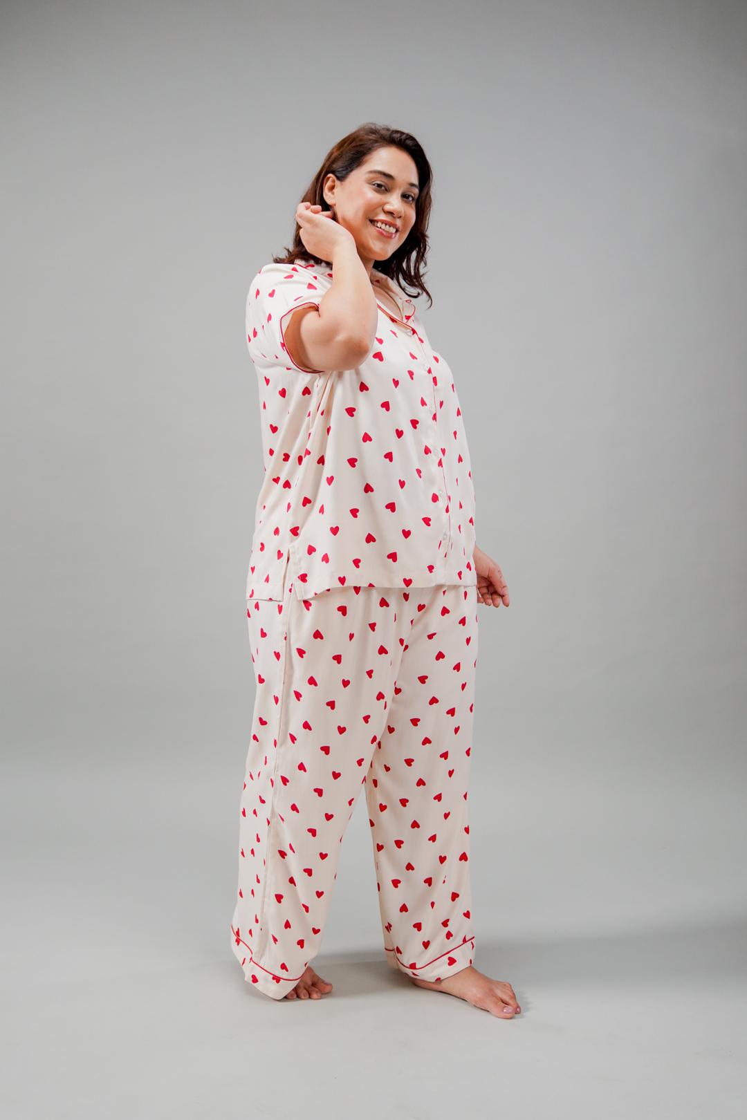 Sweetheart Print Viscose Women's Curve Pajama Set - Half Sleeves
