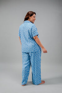 Isabella Blue Floral Cotton Blend Women's Curve Pajama Set- Half Sleeves