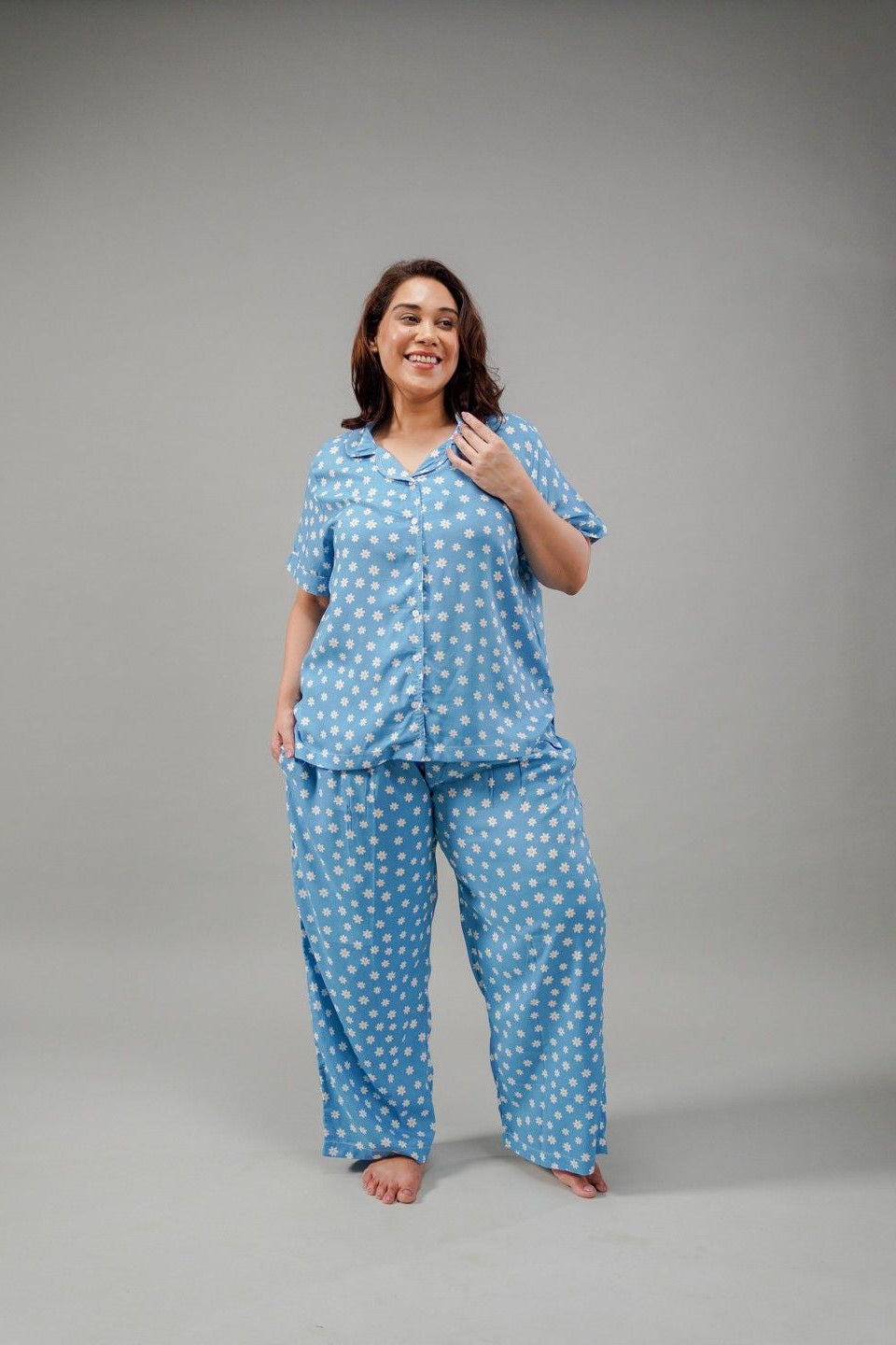 Isabella Blue Floral Cotton Blend Women's Curve Pajama Set- Half Sleeves