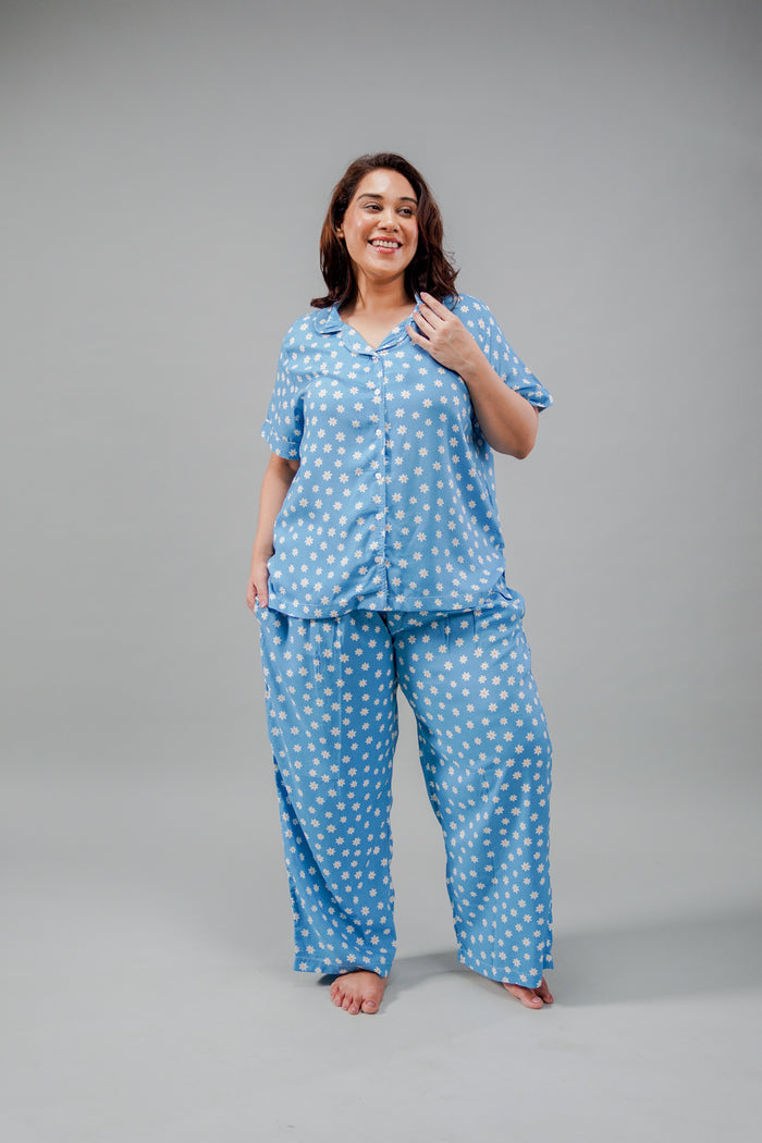 Isabella Blue Floral Cotton Blend Women's Curve Pajama Set- Half Sleeves