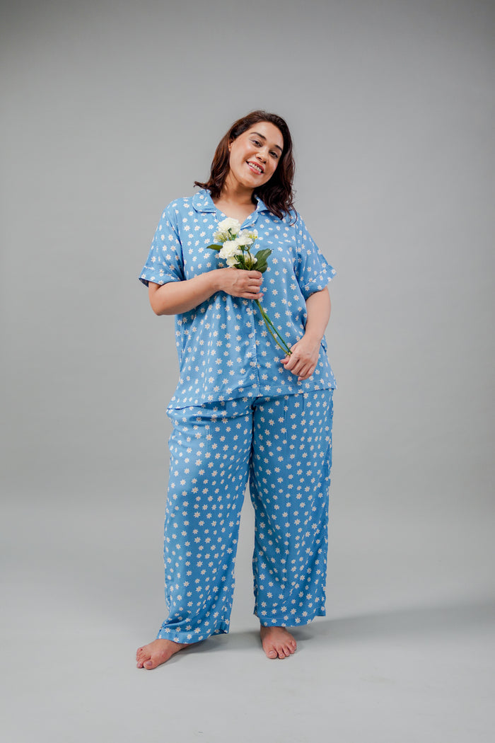 Isabella Blue Floral Cotton Blend Women's Curve Pajama Set- Half Sleeves