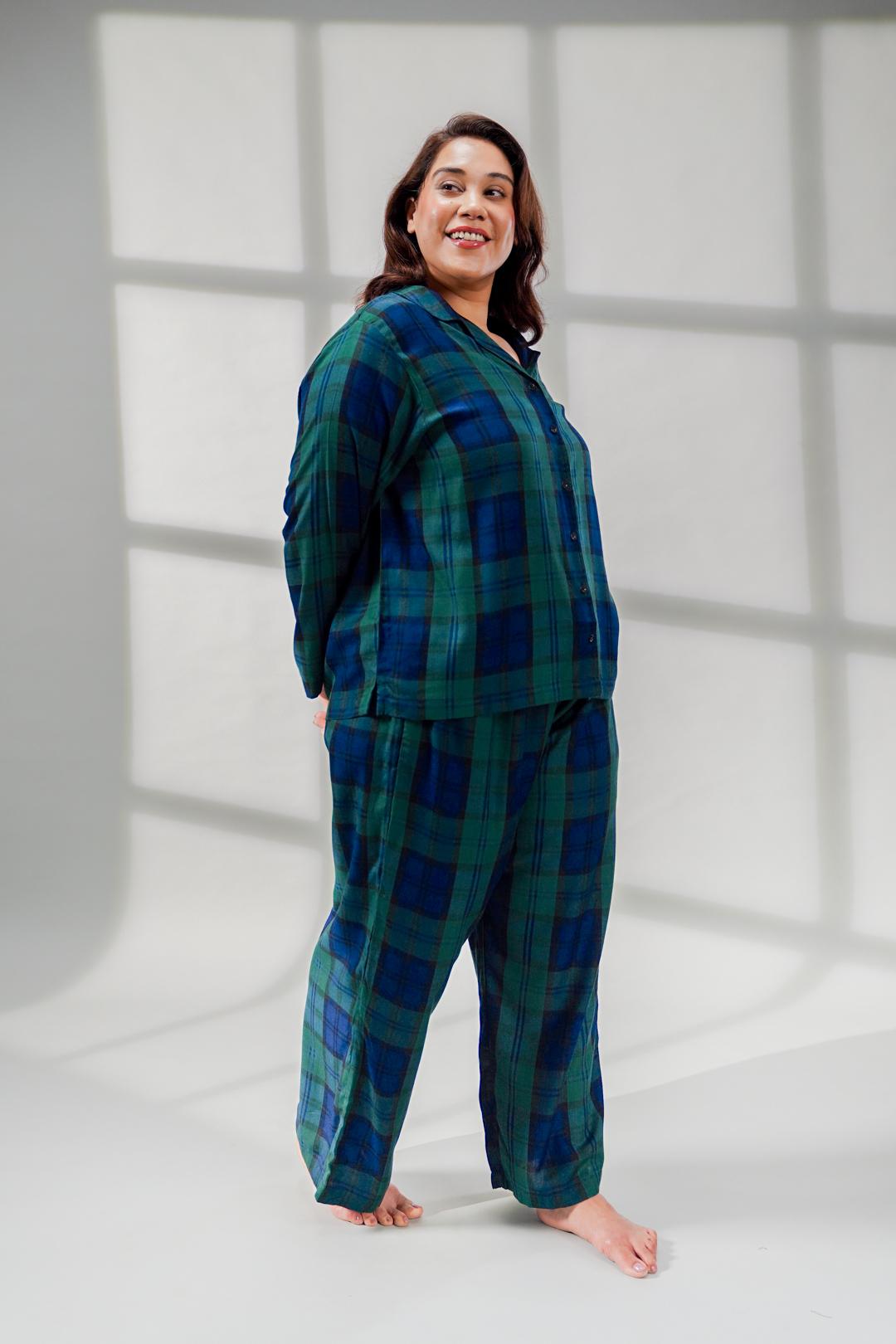 Emerald Check Cotton Blend Women's Curve Pajama Set- Full Sleeves