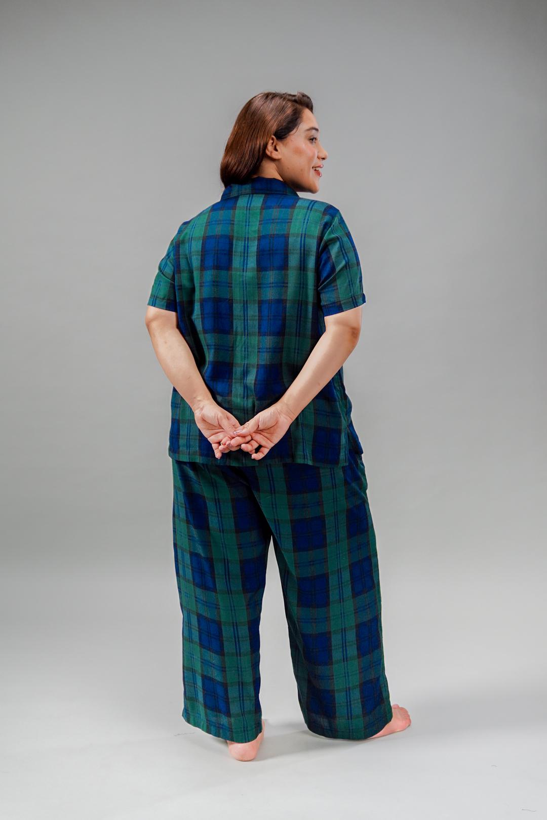 Emerald Check Cotton Blend Women's Curve Pajama Set- Half Sleeves