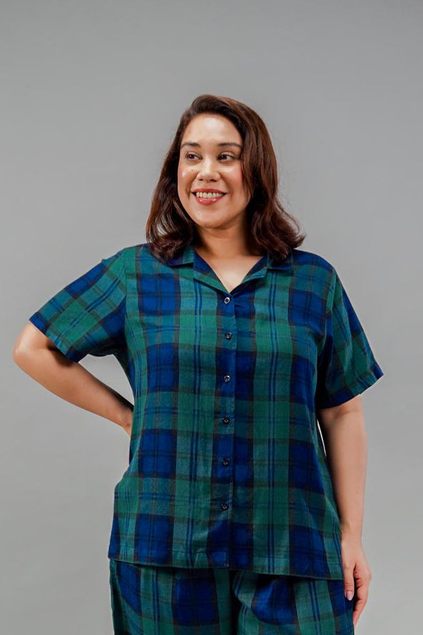 Emerald Check Women's Cotton Shirt- Half Sleeves