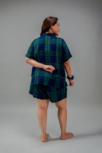 Emerald Check Cotton Blend Women's Curve Shorts Set- Half Sleeves