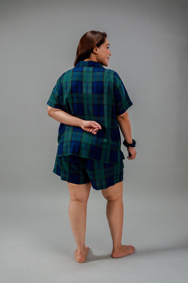 Emerald Check Cotton Blend Women's Curve Shorts Set- Half Sleeves