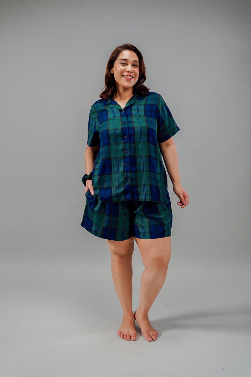 Emerald Check Cotton Blend Women's Curve Shorts Set- Half Sleeves