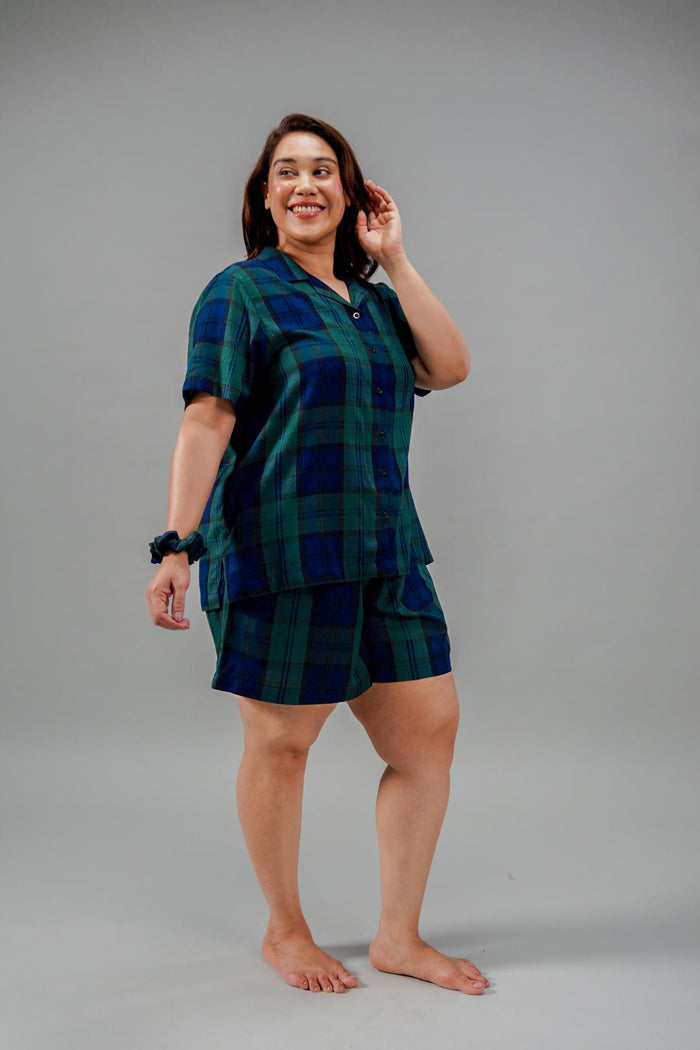 Emerald Check Cotton Blend Women's Curve Shorts Set- Half Sleeves