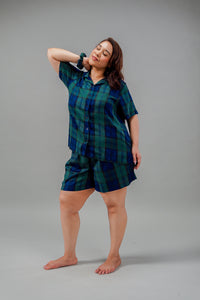 Emerald Check Cotton Blend Women's Curve Shorts Set- Half Sleeves