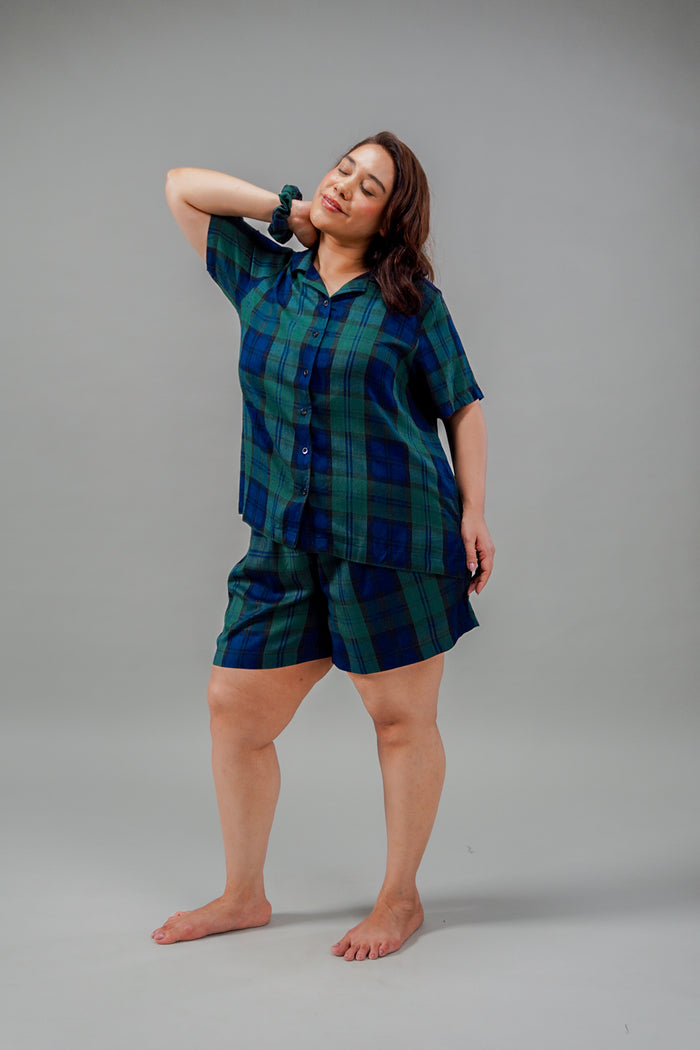 Emerald Check Cotton Blend Women's Curve Shorts Set- Half Sleeves