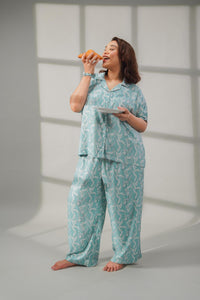 Aqua Fern Cotton Blend Women's Curve Pajama Set- Half Sleeves