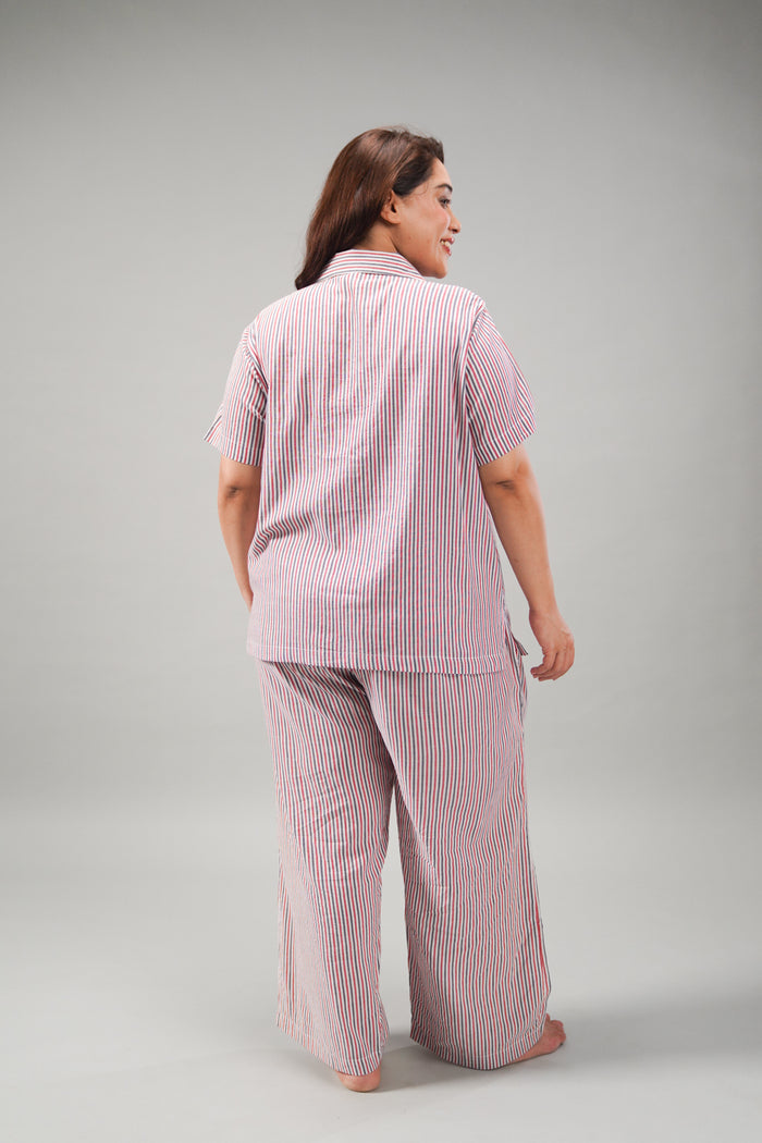 Scarlet Pinstripe Cotton Women's Curve Pajama Set- Half Sleeves