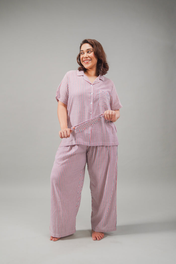 Scarlet Pinstripe Cotton Women's Curve Pajama Set- Half Sleeves