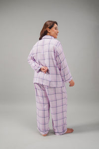 Lilac Check Cotton Blend Women's Curve Pajama Set- Full Sleeves